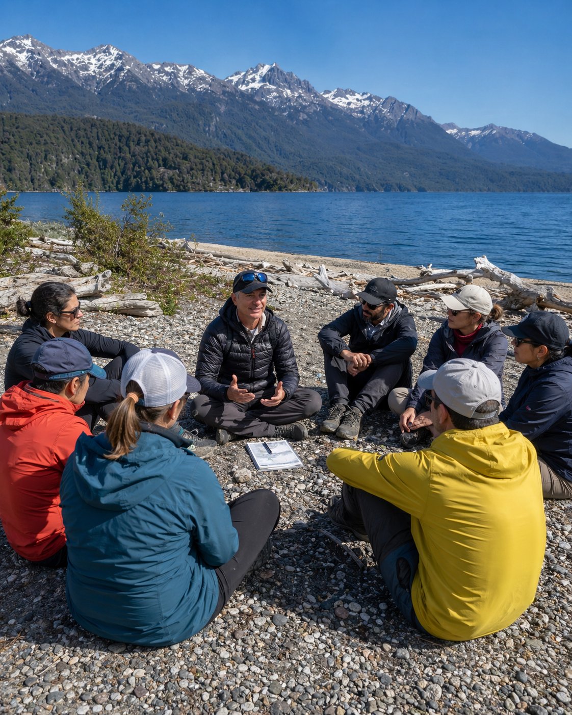 Walter facilitando un círculo de reflexión a orillas del lago, Patagonia